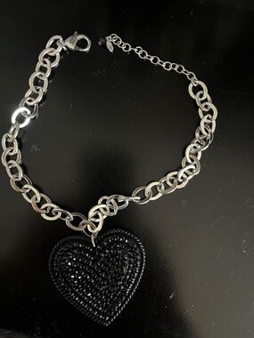 Silver Chain Necklace with Black Heart Pendant - Women's Jewelry